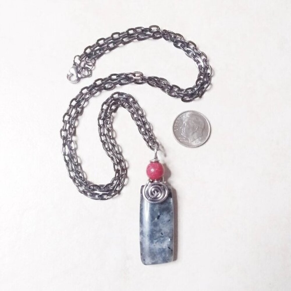 Black, Silver + Grey Norwegian Larvikite Bar Pendant + Gunmetal Black Chain